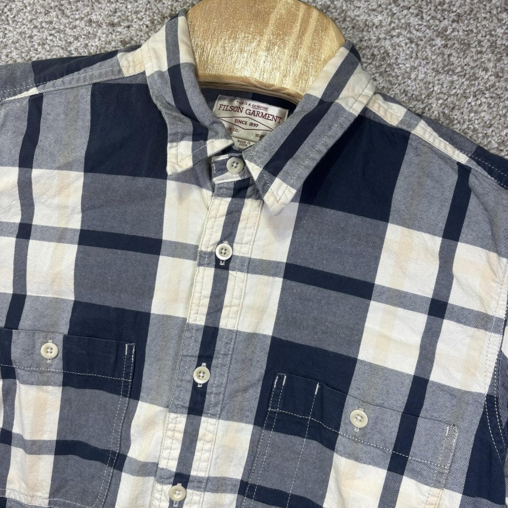 Filson Shirt Mens Medium Blue Plaid Long Sleeve Button Up Cotton Casual